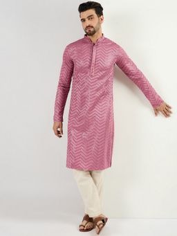 ETHNIC BAY - Men Pink Viscose Rayon Embroidered Straight Kurta with Pant