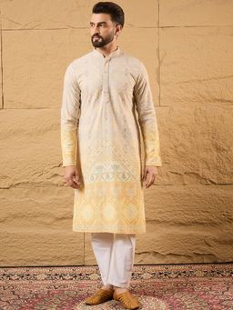 ETHNIC BAY - Men' Yellow Viscose Rayon Embroidered Straight Kurta with Pant