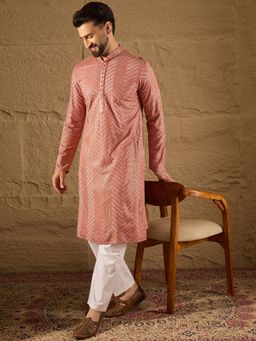 ETHNIC BAY - Men Pink Viscose Rayon Embroidered Straight Kurta with Pant