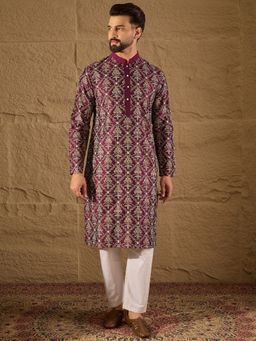 ETHNIC BAY - Men Purple Pure Silk Embroidered Straight Kurta with Pant