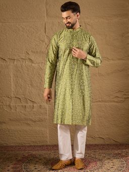 ETHNIC BAY - Men Green Pure Silk Geometric Printed Straight Kurta with Pant