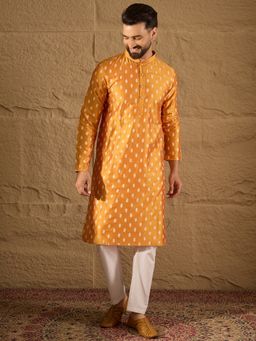 ETHNIC BAY - Men Orange Silk Blend Abstract Printed Straight Kurta with Pant