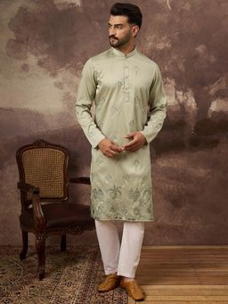 ETHNIC BAY - Men Green Silk Blend Embroidered Straight Kurta and Pant