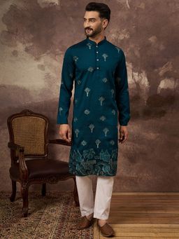 ETHNIC BAY - Men Teal Silk Blend Embroidered Straight Kurta and Pant