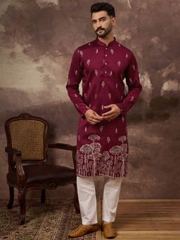 ETHNIC BAY - Men Maroon Silk Blend Embroidered Straight Kurta and Pant
