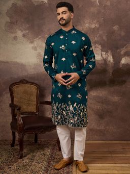 ETHNIC BAY - Men Teal Silk Blend Embroidered Straight Kurta and Pant