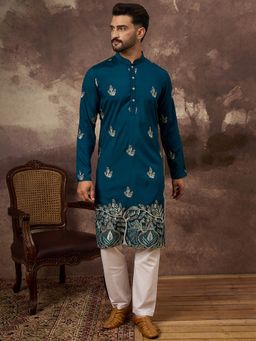 ETHNIC BAY - Men Teal Silk Blend Embroidered Straight Kurta with Pant