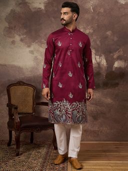 ETHNIC BAY - Men Maroon Silk Blend Embroidered Straight Kurta with Pant