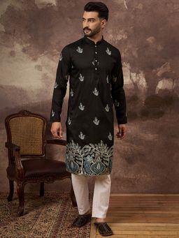 ETHNIC BAY - Men Black Silk Blend Embroidered Straight Kurta with Pant