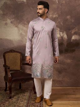 ETHNIC BAY - Men Lavender Silk Blend Embroidered Straight Kurta with Pant