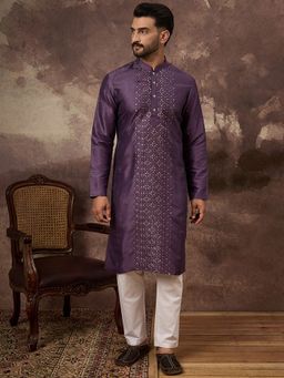 ETHNIC BAY - Men Purple Silk Blend Embroidered Sequins Straight Kurta with Pant