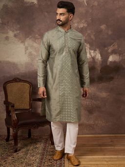 ETHNIC BAY - Men Green Silk Blend Embroidered Sequins Straight Kurta with Pant