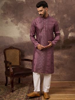 ETHNIC BAY - Men Mauve Silk Blend Embroidered Sequins Straight Kurta with Pant