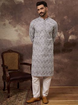 ETHNIC BAY - Men Lavender Viscose Rayon Embroidered Straight Kurta with Pant