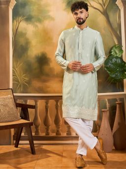 ETHNIC BAY - Men' Green Silk Blend Embroidered Straight Kurta with Pant