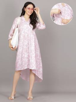 Mamma's Maternity - Baby Pink Rayon Tropical Botanical Printed Maternity Short Dress
