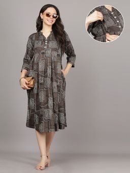 Mamma's Maternity - Brown V Neck Rayon Geometric Printed Maternity Short Dress