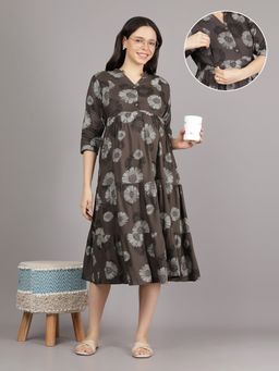 Mamma's Maternity - Brown V Neck Rayon Floral Printed Maternity Short Dress