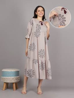 Mamma's Maternity - Cream Tie Up Neck Rayon Floral Medallion Printed Maternity Short Dress