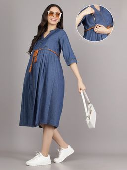 Mamma's Maternity - Dark Blue V Neck Denim Solid Maternity Short Dress