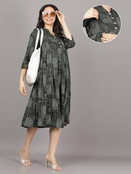 Mamma's Maternity - Dark Green V Neck Rayon Geometric Printed Maternity Short Dress