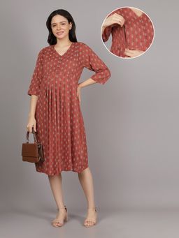 Mamma's Maternity - Dark Orange V Neck Cotton Printed Maternity Short Dress