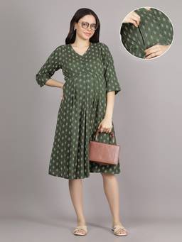 Mamma's Maternity - Green V Neck Cotton Printed Maternity Short Dress
