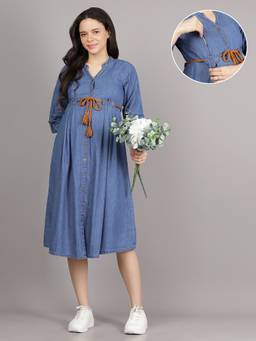 Mamma's Maternity - Light Blue V Neck Denim Solid Maternity Short Dress