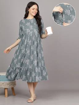 Mamma's Maternity - Light Grey Round Neck Rayon Botanical Vine Print Maternity Short Dress