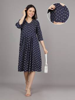 Mamma's Maternity - Navy Blue V Neck Cotton Printed Maternity Short Dress