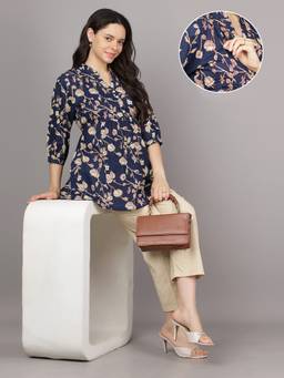 Mamma's Maternity - Navy Blue V Neck Cotton Floral Vine Print Maternity Co Ord Set