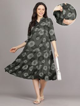 Mamma's Maternity - Dark Green V Neck Rayon Floral Printed Maternity Short Dress