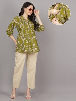 Mamma's Maternity - Olive Green V Neck Cotton Floral Vine Print Maternity Co Ord Set
