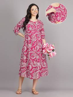 Mamma's Maternity - Pink Round Neck Cotton Paisley Printed Maternity Short Dress
