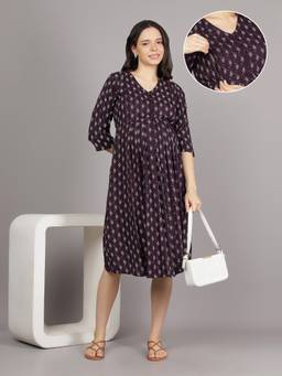 Mamma's Maternity - Purple V Neck Cotton Printed Maternity Short Dress