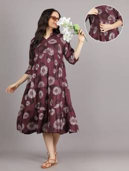 Mamma's Maternity - Maroon V Neck Rayon Floral Printed Maternity Short Dress