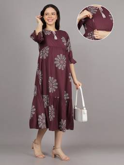 Mamma's Maternity - Maroon Tie Up Neck Rayon Floral Medallion Printed Maternity Short Dress