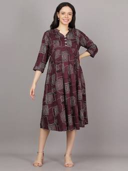 Mamma's Maternity - Maroon V Neck Rayon Geometric Printed Maternity Short Dress