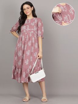 Mamma's Maternity - Rose Pink Round Neck Rayon Botanical Vine Print Maternity Short Dress