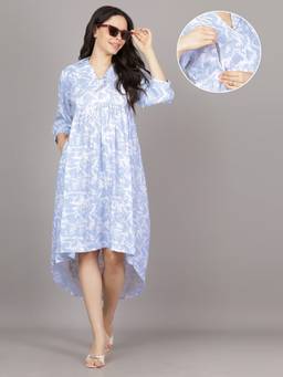 Mamma's Maternity - Sky Blue Rayon Tropical Botanical Printed Maternity Short Dress