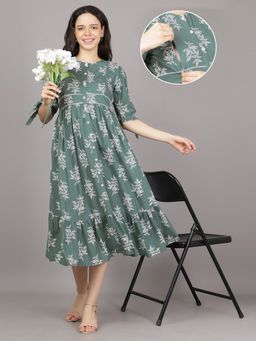 Mamma's Maternity - Sage Green Round Neck Rayon Botanical Vine Print Maternity Short Dress
