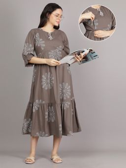 Mamma's Maternity - Taupe Brown Tie Up Neck Rayon Floral Medallion Printed Maternity Short Dress