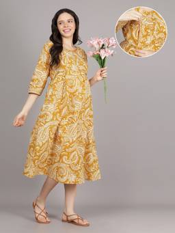 Mamma's Maternity - Yellow Round Neck Cotton Paisley Printed Maternity Short Dress