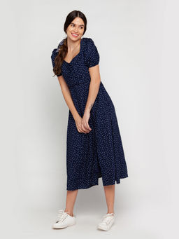 Zink London - Womens Blue Polka Dots Midi Dress