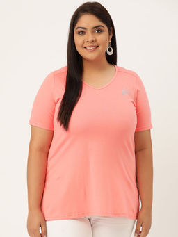 theRebelinme - Plus Size Womens Dark Peach Solid Color V-Neck Cotton T-Shirt