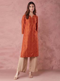 Fabindia - Rust Cotton Silk Hand Block Printed Long Kurta