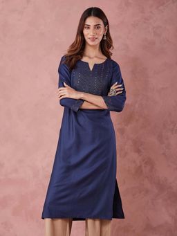 Fabindia - Blue Viscose Silk Embellished Long Kurta