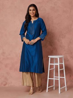 Fabindia - Blue Cotton Silk Pin-Tuck Long Kurta