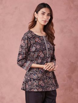 Fabindia - Black Cotton Kalamkari Printed Short Kurta
