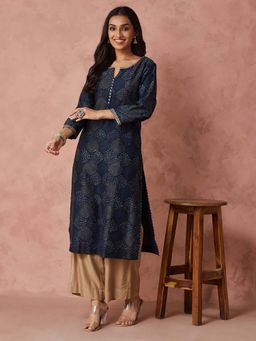 Fabindia - Indigo Cotton Silk Dabu Printed Long Kurta